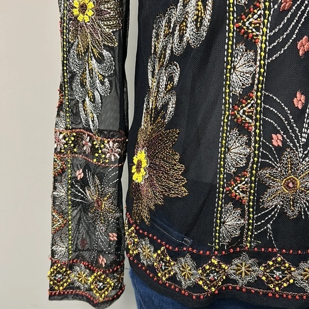 Sundance Beaded and Embroidered Floral Black Top Mesh Sleeve Shirt Sz S
